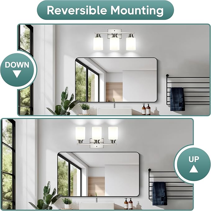 Ascher Bathroom Light Fixtures, 3-Light Vanity Light Over Mirror, Brushed Nickel Wall Sconces with Milky White Frosted Glass Shades, Wall Lamp for Living Room Bedroom, E26 Base(Bulbs Not Included)