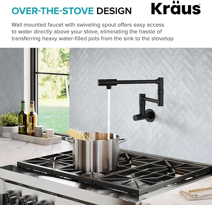 KRAUS Bolden 2 Handle Pot Filler Faucet with Retractable Arm, Wall Mount Kitchen Faucet, Pot Filler for Over Stove in Matte Black, KPF-5003MB