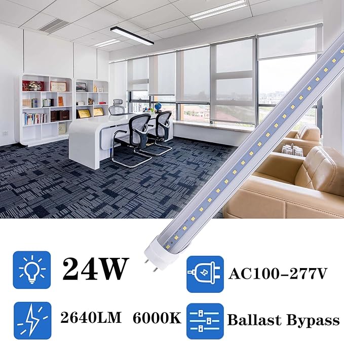 25pcs 4FT 24W T8 LED Tube Light White Daylight 6000k 4' LED Bulbs Garage Warehouse Shop Light Ballast Bypass G13 Base T10 T12 Fluorescent lamp Replacement AC100-277V Clear Cover