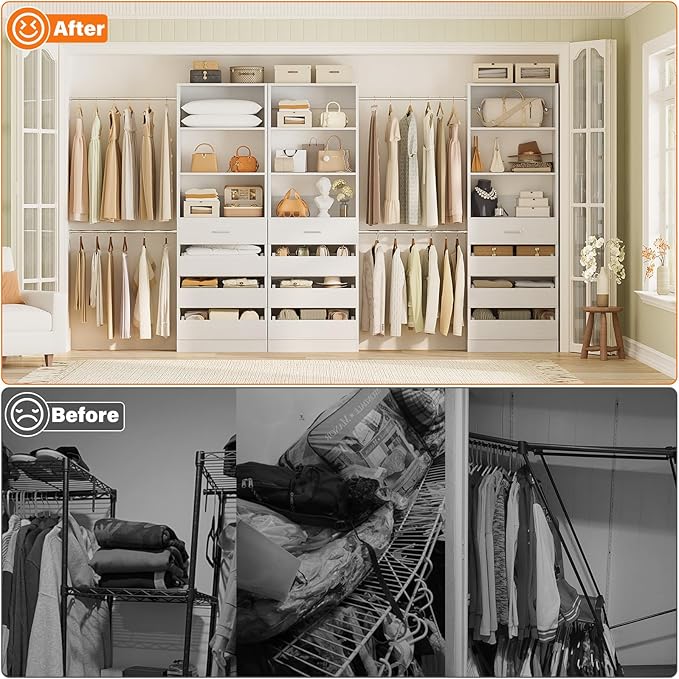 Aheaplus Closet System with 12 Drawers, 8.5-11.5Ft Wood Closet Organizer System with 4 Hanging Rods & 3 Towers, 4Ft & 6Ft L-Shaped Walk-in Closets Wardrobe Organizer Clothes Rack, Set of 3, White1
