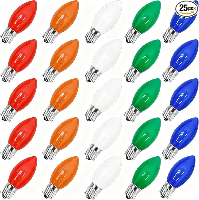 Abeja 25 Pack Multicolor Christmas Lights Replacement Bulbs C9 Vintage Incandescent Ceramic Bulbs E17 Socket Base 7w for Xmas Holiday String Lights Outdoor Indoor Party Decorations