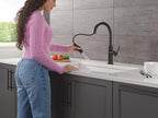 Delta Nicoli Matte Black Kitchen Faucet with Pull Down Sprayer, Bridge 3 Hole Modern Kitchen Sink Faucet, Two-Handle, Matte Black 19867LF-BL