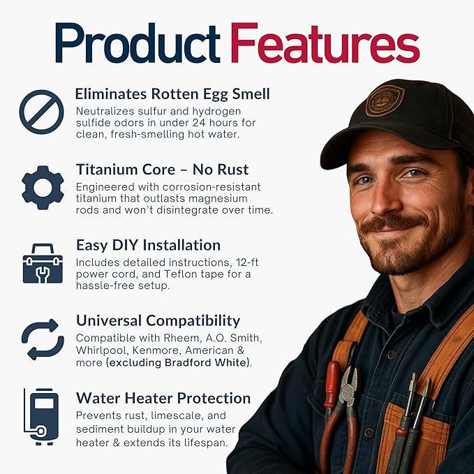 2 Pack Powered Anode Rod for Hot Water Heater (40-90 Gallon), 25-Year Warranty, Eliminates Rotten Egg & Sulfur Smell in 24 Hours, Stops Corrosion, Fast Installation, Titanium Built, Universal Fit