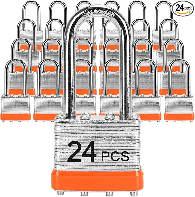 Padlocks with Same Key, LQYN 24 Pcs Laminated Keyed Padlock (1-9/16", 40mm), Keyed Alike Locks, Long Shackle, for Storage Locker, Hasp Latch, Toolbox, Sheds