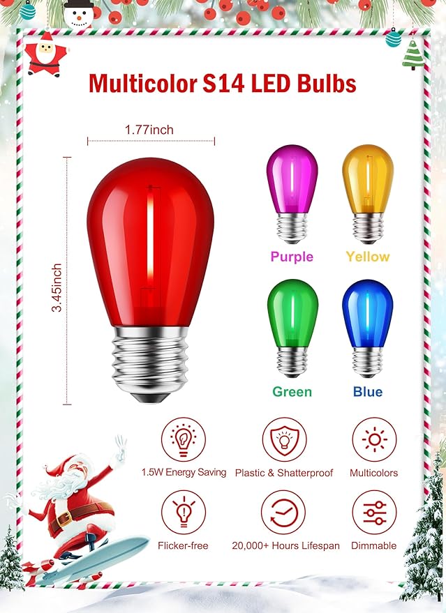 Minetom S14 LED Christmas Replacement Light Bulbs, UL Listed, 1 Watt E26 Medium Base Plastic Shatterproof LED Edison Bulbs, Easily Screw in Strings Spools Strands, Multicolor, 50 Pack