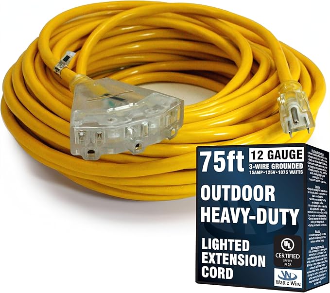 Outdoor Extension Cord Waterproof (75 ft) 12 Gauge Heavy Duty Extension Cord Splitter - Lighted Outdoor Extension Cords with Multiple Outlets - Watts Wire - 75' Grounded - extensiones electricas