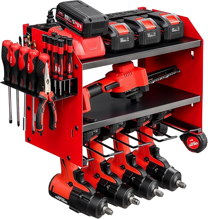 3 layers power tool organizer Loads 150lbs with 4 Cordless Drill Holder and 8 Outlet Power Strip,it’s good choice for husband birthday gift,red