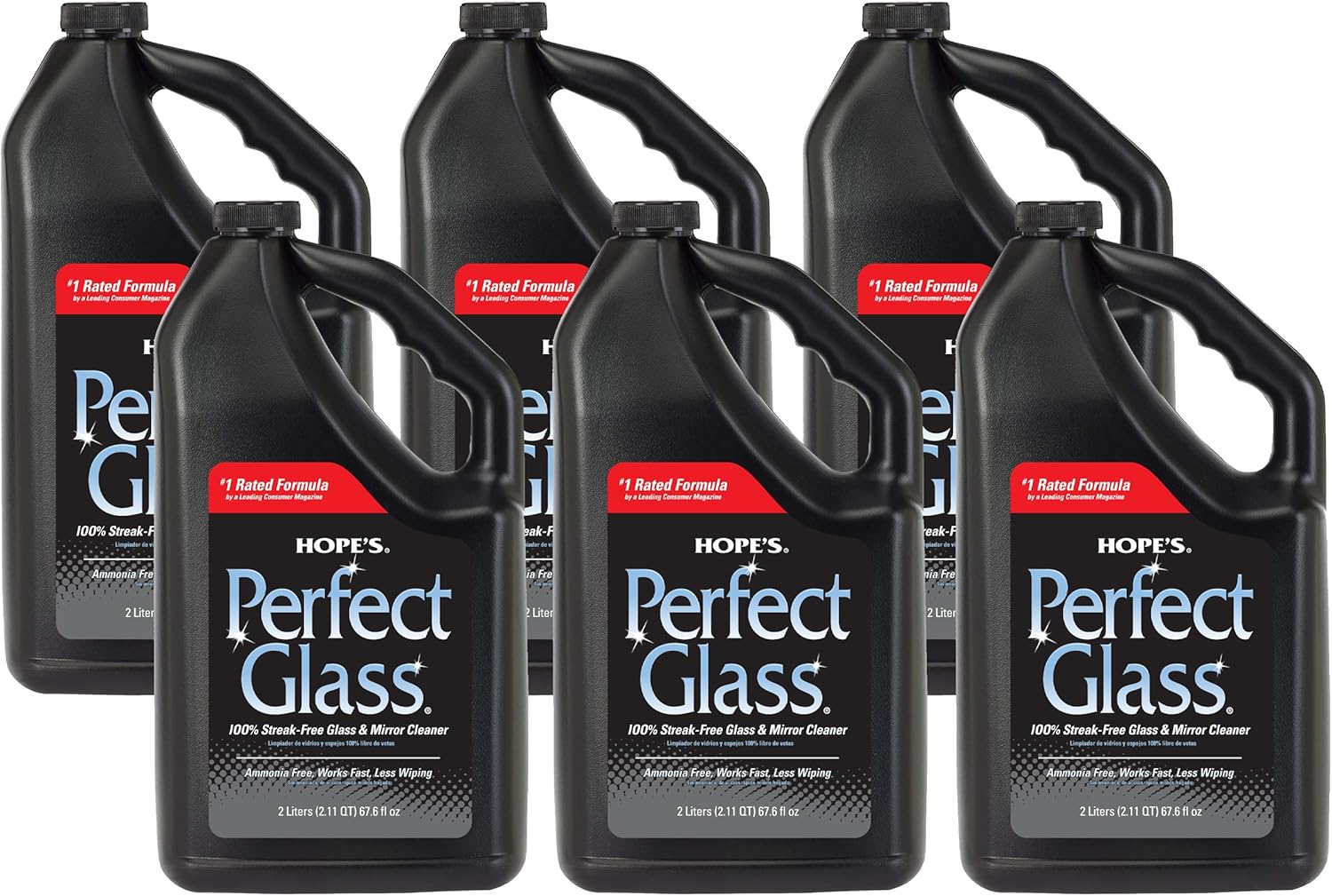HOPE'S Perfect Glass Cleaner Spray Refill, Streak-Free, Ammonia-Free Window, Mirror, Screen, Tinted Glass, and Shower Door Cleaner, Indoor and Outdoor Glass Surfaces, 67.6 Ounce, Pack of 6