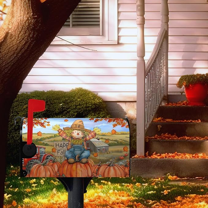 Fall Scarecrow Decorative Mailbox Covers Magnetic Large Size 25.5x21 Autumn Pumpkins Maple Leaves Mailbox Wraps Cover Harvest Letterbox Cover for Garden Outdoor Decor