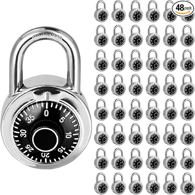 Combination Padlock 48 Pack, Fixed Dial Combination Padlock with Different Combinations, 2 in. Wide. Black Turntable, Lock for Gym & Locker, School, Toolbox, and More