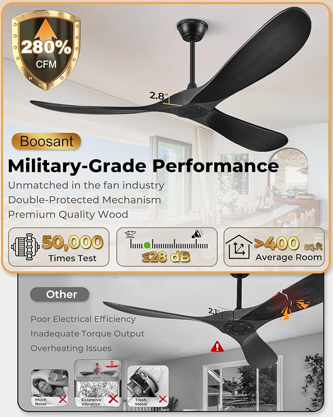 60" Ceiling Fans Without Light, Solid Wood Ceiling Fan with Remote Control and Quiet DC Motor, Ceiling Fan no Light 3 Blades, Outdoor Ceiling Fans for Patios without Lights