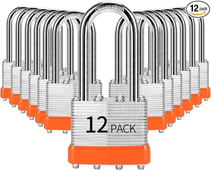 Padlocks Keyed Alike, Pack of 12, Laminated Steel Keyed Lock (1-9/16", 40mm), Padlocks with Same Key, Long Shackle, for Toolbox, Locker & StorageUnit or More