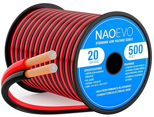 NAOEVO 20 Gauge Wire 500FT, 2 Conductors Electrical Wire Red Black Cable, Flexible/Low Voltage/PVC 20 AWG Copper Clad Aluminum Extension Cord for Speaker, LED Strips, Automotive 12V/24V DC
