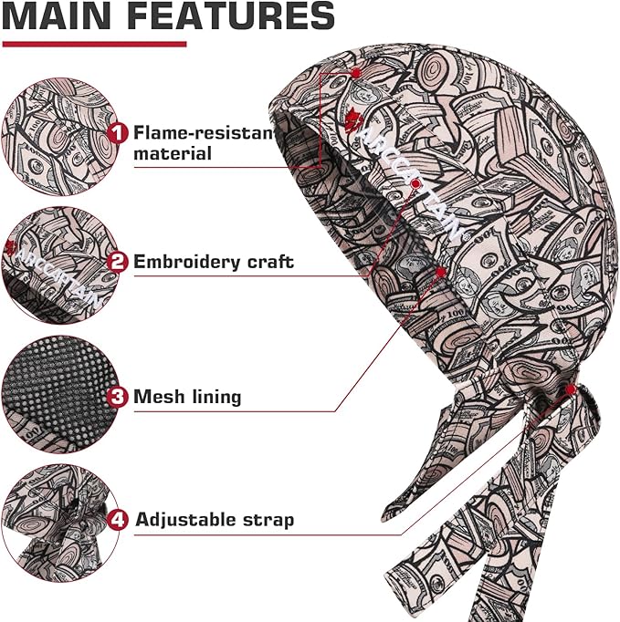 ARCCAPTAIN 2PC Welding Doo Rag, Welding Cap, Protective Welders Cap, Welding Hats for Men, Fireproof Cotton and Durable for Safety, Dollar, M Size