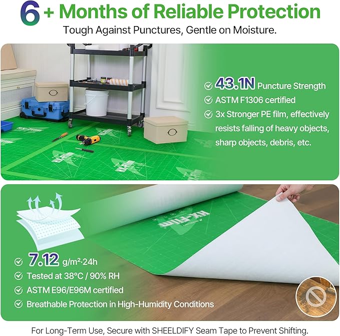 39"x100' Heavy-Duty Floor Protection | Construction Grade Carpet Protector | Drop Cloth Plastic Film for Hardwood Floors | Waterproof Painters Covering with No Residue(Mint Green)