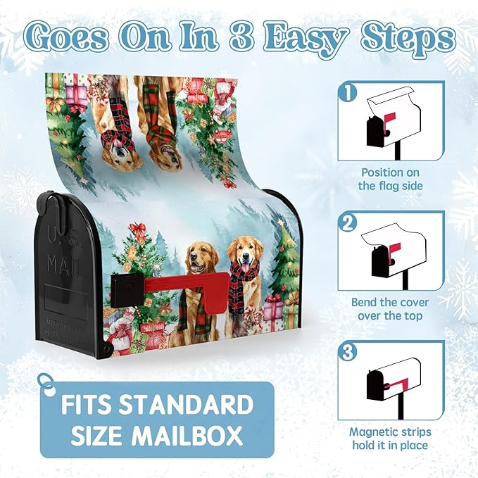 Xmas Dog Magnetic Mailbox Covers Christmas Tree Mail Box Cover Standard Size Winter Retriever Dogs Post Letter Box Wraps 21x18 Inch for Garden Outdoor Decor