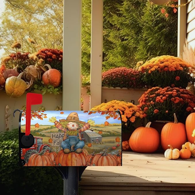 Fall Scarecrow Decorative Mailbox Covers Magnetic Standard Size 21x18 Autumn Pumpkins Maple Leaves Mailbox Wraps Cover Harvest Fall Letterbox Cover for Garden Yard Outdoor Decor