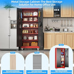 71" H×32" W×16" D Garage Storage Cabinet with Wheels, Locking Metal Storage Cabinet with 5 Adjustable Shelves, 4 Hooks and Pegboard for Garage, Home Office, Kitchen, Black and Red