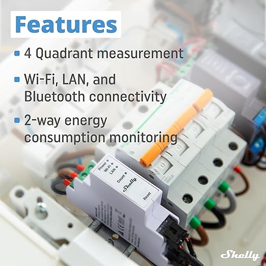 Shelly Pro 3EM (400A) | Wi-Fi & LAN, 3-Phase Smart Energy Meter | 2-Way Consumption | Home Automation | Bluetooth Gateway | Compatible with Alexa & Google Home | No Hub Required | Solar Panels