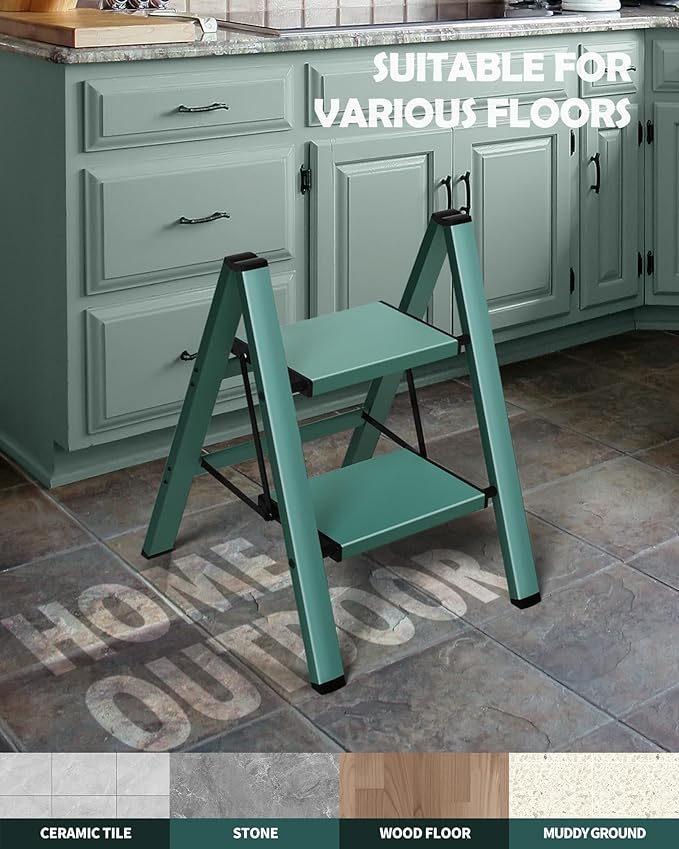 Taranta 2 Step Ladder,Aluminum Lightweight Folding 2 Step Stool with Anti-Slip Wide Pedal,330lbs Capacity Step Ladder for Household,Kitchen,Office - Green