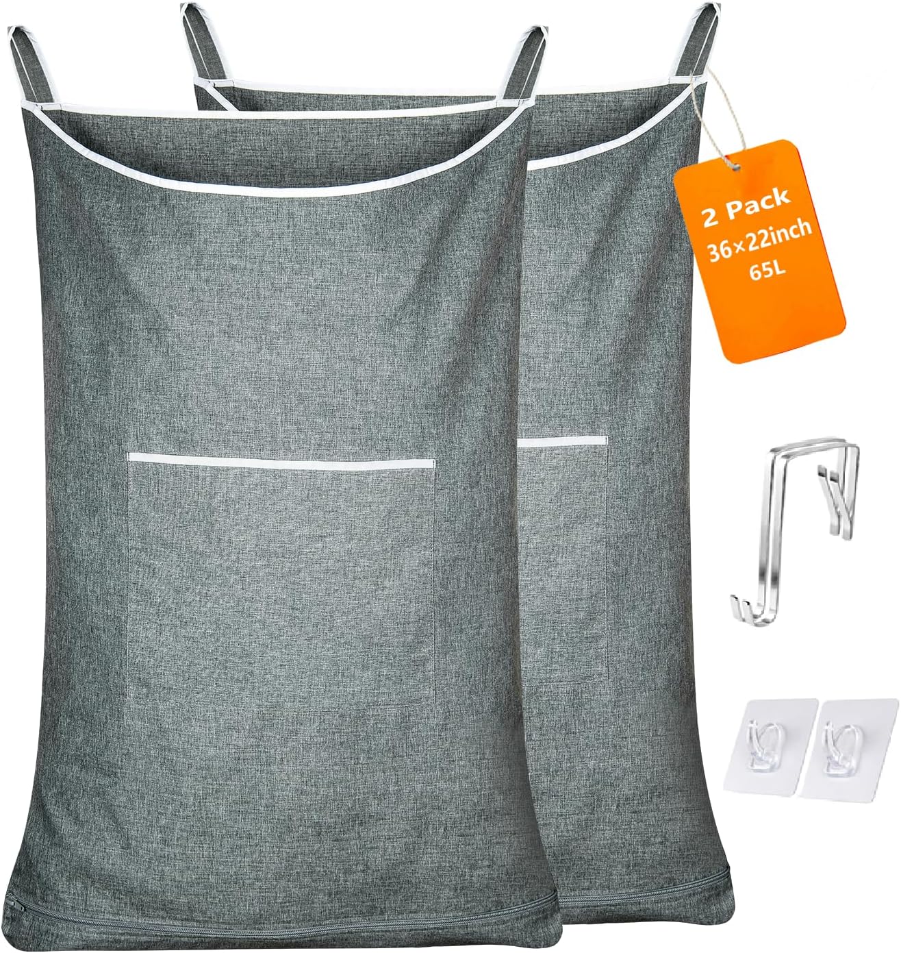 XL Large Hanging Laundry Hamper, Over the Door Laundry Bag with Zipper and Wide Open Top,Hanging Hamper for Storage Laundry, Clothes, Toys,36x 22 Inch, Heather Grey 2Pack.