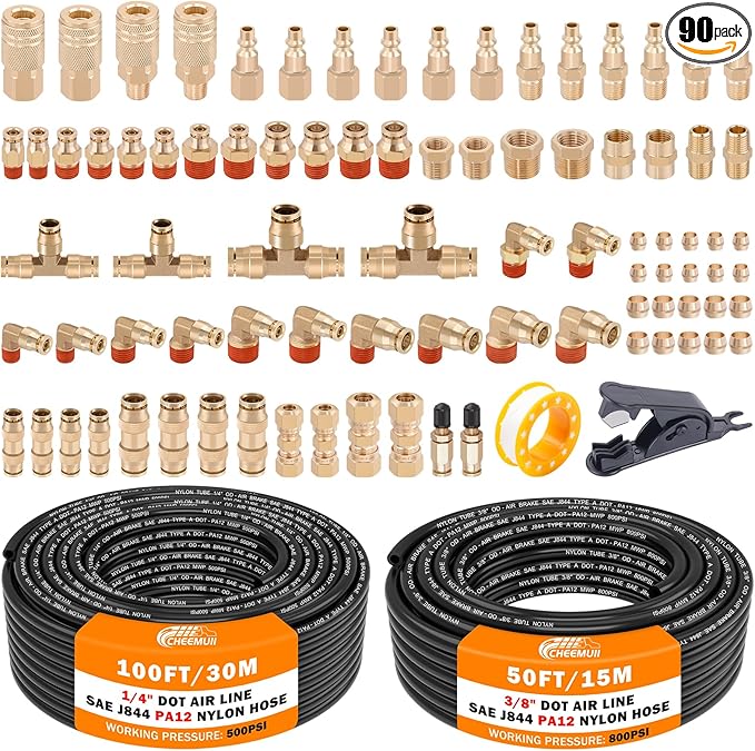 CheeMuii 86 PCS Brass DOT Air Line Fittings with 100FT 1/4" and 50FT 3/8" DOT Air Line Kit Push Lock Air Fitting Quick Connect & NPT Thread Fittings with Pneumatic Tubing