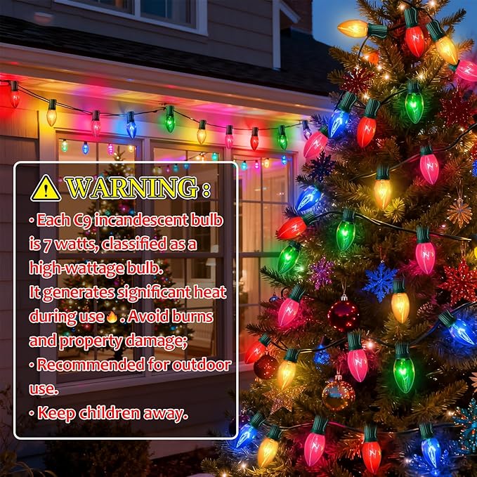 25 Pack C9 Replacement Bulbs Clear Multicolor Christmas Lights, C9 Colorful Light Bulb (Red, Blue, Green, Yellow, Pink) for Hanging Vintage Christmas Lights Outdoor, 7W, 120V