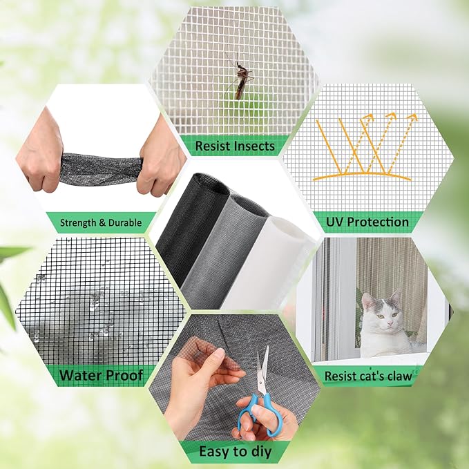 Windows Screen Replacement and Screen Door Repair Kit, 6Pcs Window Screen Fiberglass Mesh Kit - Window Screen & Screen Door Mesh & Screen Porch Repair Kit (White, 48" x 118")