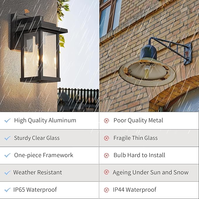 Outdoor Wall Light Fixtures, Modern Exterior Wall Mount Lanterns, Outside Wall Sconces in Black Finish with Clear Glass for Porch Patio Farmhouse, 2-Pack