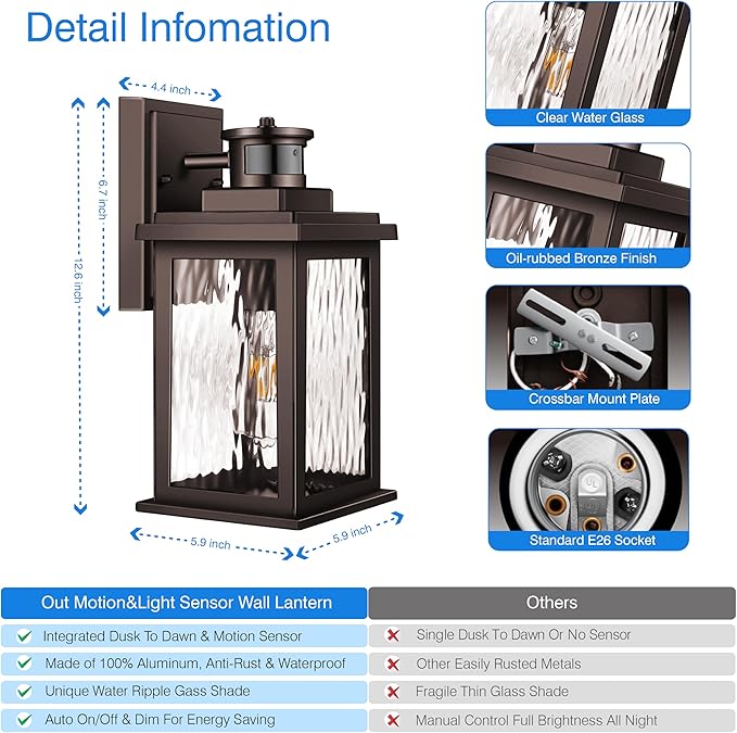 VIANIS Exterior Light Fixture with Motion Sensor, 2 Packs Oil Rubbed Bronze Dusk to Dawn Outdoor Porch Lights Wall Mount, Anti-Rust Aluminum Wall Lanterns with Tempered Glass for Garage Entrance