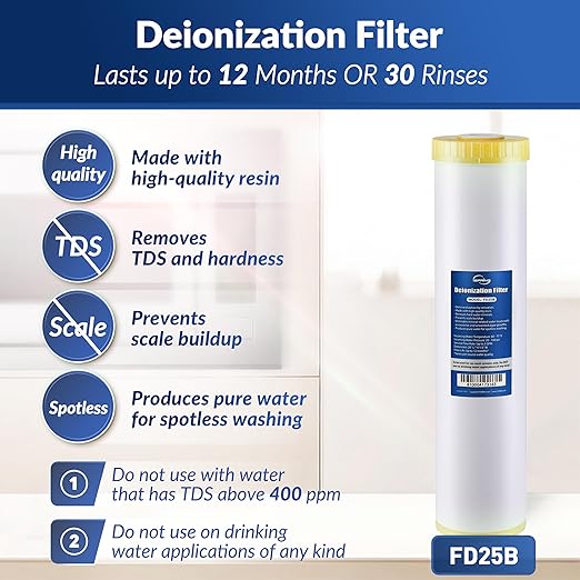 iSpring FD25B Deionized Water Filter for Spotless Car Wash System, Fits WGB22BD Deionized Water System for Car Wash, 4.5” x 20”