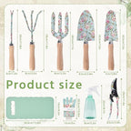 WNJ Gardening Tool Set, 10 PCS Heavy Duty Floral Pattern Garden Tools Set Kit, Complete Gardening Tool Bag Set, with Non-Slip Rubber Handle, Best Gifts for Women