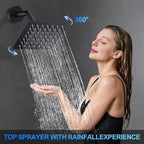 Shower Faucet Set, 10" Ceiling Mount Rainfall Shower System with 10'' Top Head+6'' Side Head and Multi-function Handheld Head Push Button Diverter Shower Faucet Trim Kit Matte Black