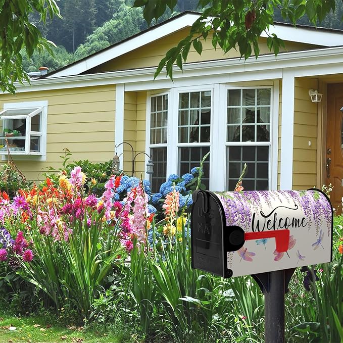 Violet Spring Floral Welcome Mailbox Covers Magnetic Oversized Purple Flowers Dragonflies Mailbox Cover Summer Post Box Cover Wraps Large Size 25.5 X 21 Inch for Home Yard Decorations