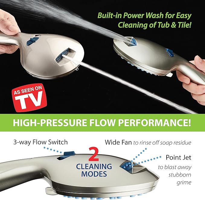 Hotel Spa AquaCare High Pressure 8-mode Handheld Shower Head - Anti-clog Nozzles, Built-in Power Wash to Clean Tub, Tile & Pets, Extra Long 6 ft. Hose, Wall & Overhead Brackets - 1.8 GPM