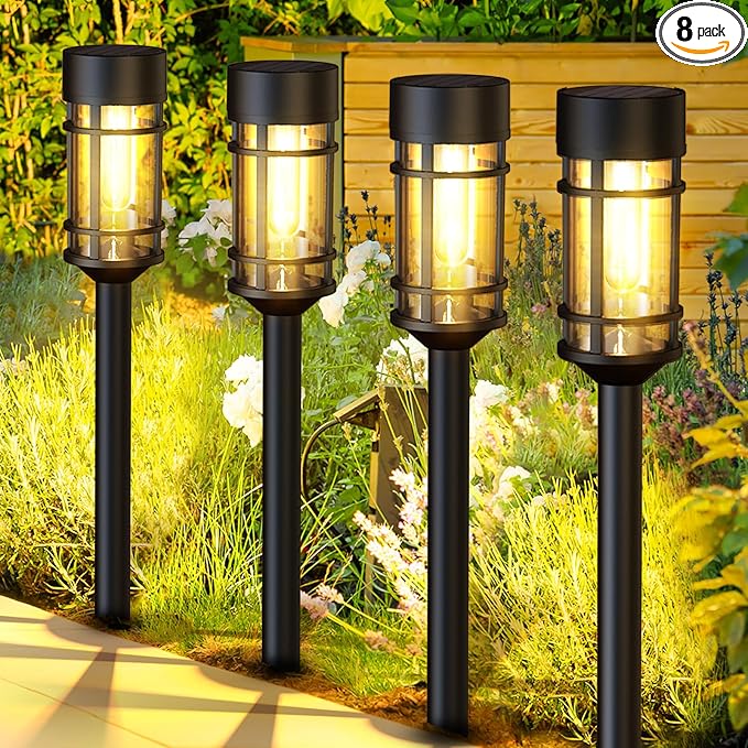 8 Pack Solar Pathway Lights Outdoor, Waterproof Solar Lights Outdoor with Metal & Glass - Auto On/Off, Long-Lasting, Landscape Lighting Garden Decor for Yard, Lawn, Driveway, Walkway