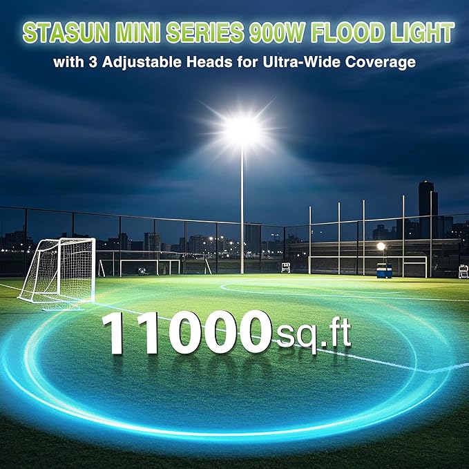 STASUN 900W LED Flood Light, Mini Series Stadium Lighting, 90000LM 6000K Daylight White, IP66 Waterproof, 3 Adjustable Panels, Outdoor Floodlight for Football, Basketball Court, Tennis, Soccer Field