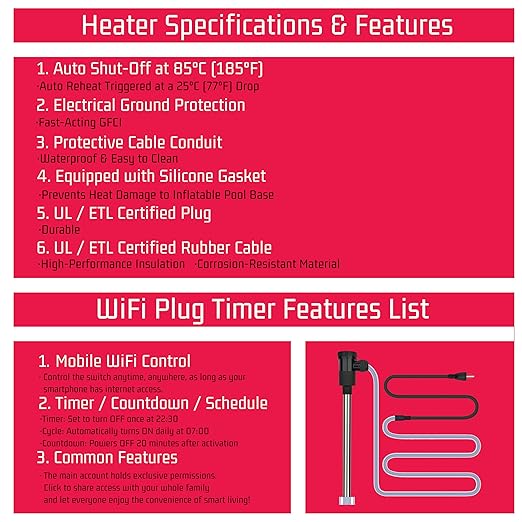 240V 3000W Immersion Water Heater for Pool & Hot Tub – Portable Electric Submersible Heater with Temp Control, Auto Shut-Off, and WiFi Timer for Baptism Pool, Above Ground Pool, and Bathtub