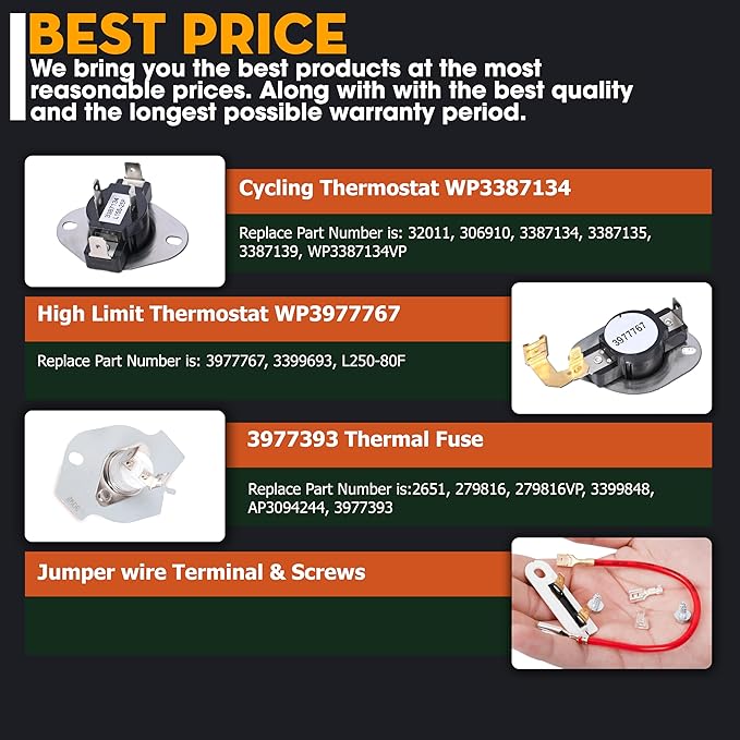 Dryer Heating Element Replaces For Whirlpool LER5620KQ1 LER4634JQ1 LER4634PQ0 LER7646EQ2 LER3624EQ1 LER4634EQ2 LER8858EQ1 WED5300VW0 WED4800XQ3 WED5100VQ0 LER4634EQ0 LER3624EQ0 LER4634JT0 Thermostat