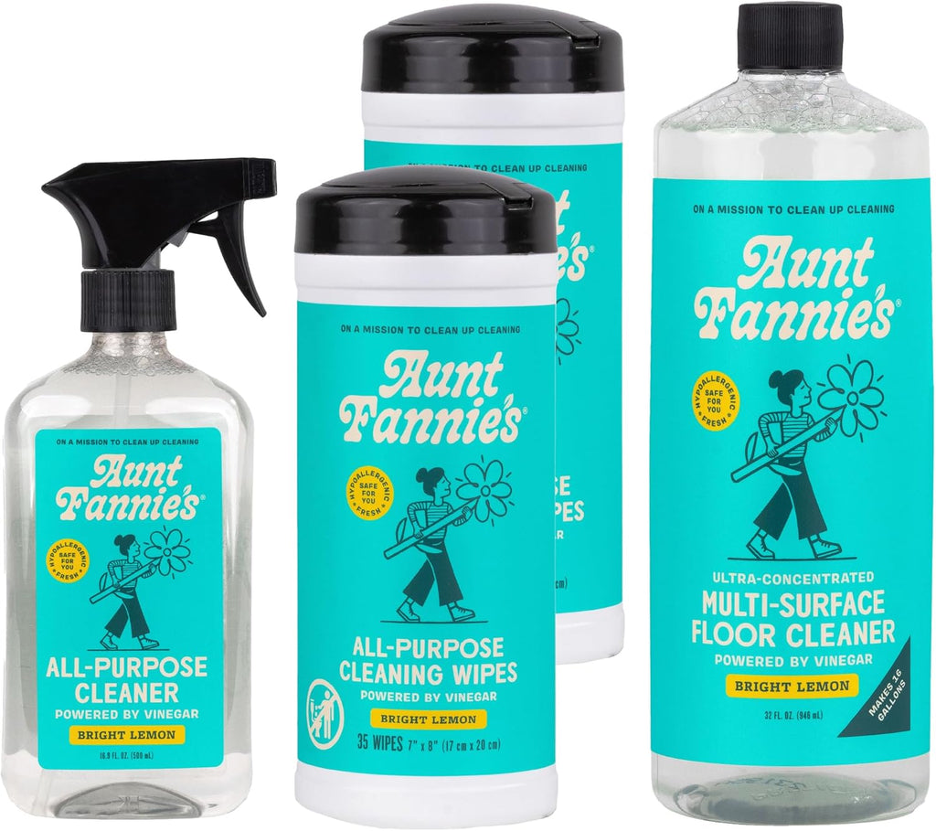 Aunt Fannie's Multi-Surface Vinegar Cleaning Kit: All Purpose Spray, Cleaning Wipes, and Floor Cleaner (Lemon, Cleaning Bundle)