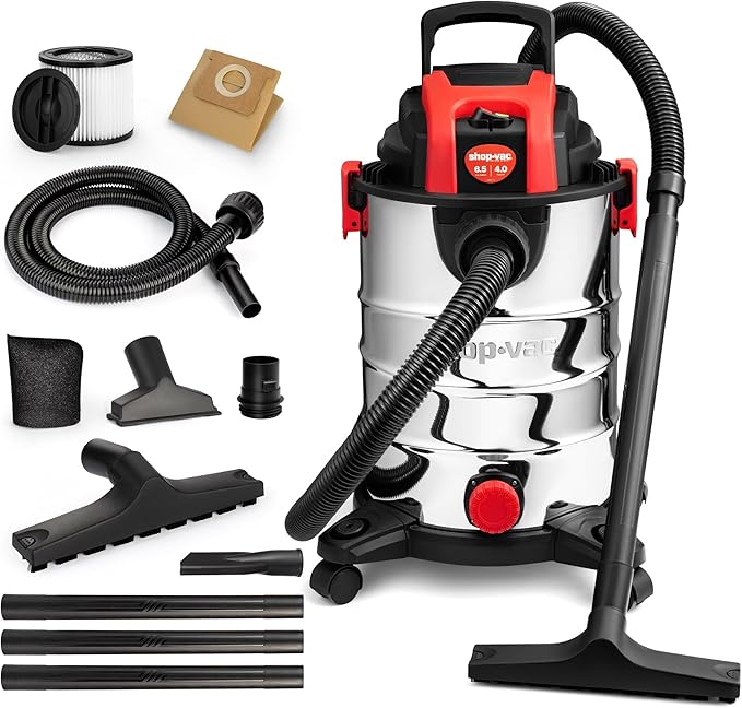 Shop-Vac 6.5 Gallon 4.0 HP Wet/Dry Vacuum with Blower Function, Stainless Steel Tank, Portable Shop Vacuum with Wheels, Includes Filters, Hose & Accessories, Ideal for Garage and Workshop