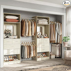 Unikito Closet System, 6-14FT Walk in Closet Organizer with 8 Drawers and Mirror, 168" Wood Closets Insert with Tower, Sturdy Wardrobe Closets Garment Rack with Extendable Hanging Rods, White Oak