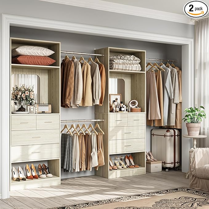 Unikito Closet System, 6-14FT Walk in Closet Organizer with 8 Drawers and Mirror, 168" Wood Closets Insert with Tower, Sturdy Wardrobe Closets Garment Rack with Extendable Hanging Rods, White Oak