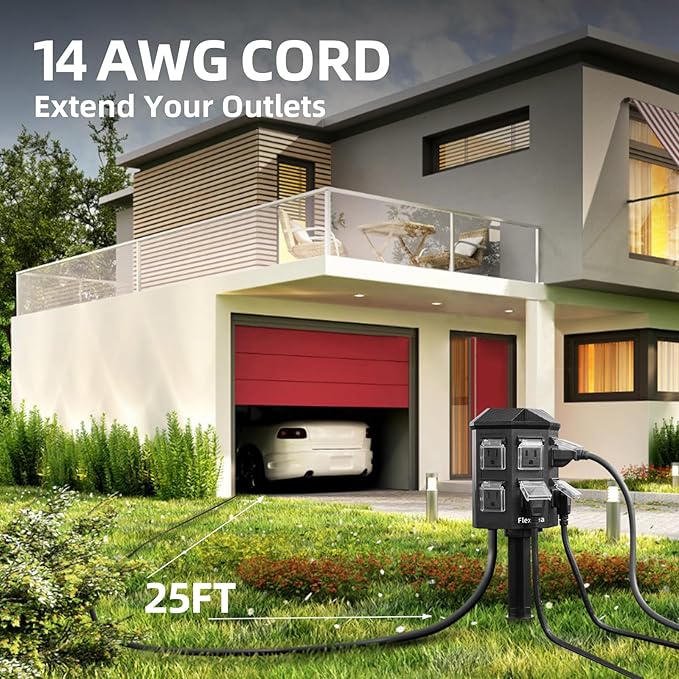 Outdoor Power Stake, 25 Feet Extension Cord Waterproof, Independently Remote Control 3 Sets of Outlets, 6 Grounded Outlets for Garden, Patio, Outdoor Decor, ETL Listed