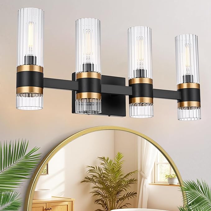 MELUCEE Bathroom Vanity Light Black 4 Lights with Ribbed Clear Glass Shade, Vanity Lighting Fixtures Over Mirror Farmhouse Bathroom Wall Lights for Powder Room Kitchen Foyer, E12 Base