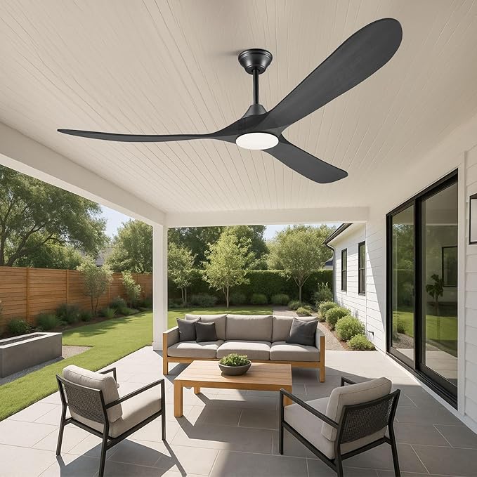 60 Inch Black Outdoor Ceiling Fans with Lights, Smart Ceiling Fan with Remote/APP/Alexa Control, Solid Wood Farmhouse Ceiling Fan for Patios Porch Bedroom, Quiet Reversible DC Motor, Indoor/Exterior