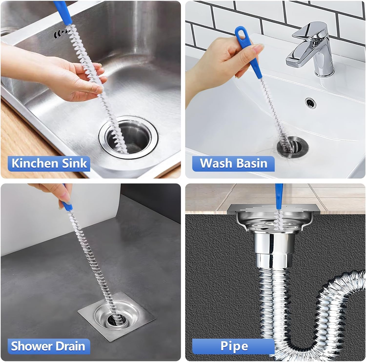 Flexible Extra Long Drain Brush, Drain Unblocker Tools,61 inch Pipe Cleaner Brush and 17.7 inch Sink Unblocker Tool, Double Ended Nylon for Curved Pipes and Slim Holes