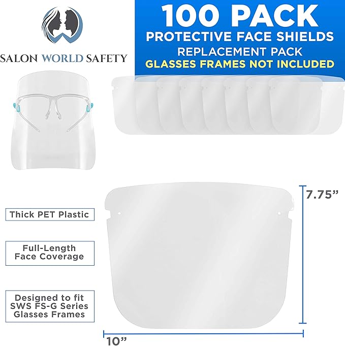 TCP Global Salon World Safety Replacement Face Shields Only (10 Packs of 10), Glasses Frames Not Included – Fits Most Brands, Ultra Clear, Full Face, Protect Eyes Nose Mouth, Anti-Fog PET Plastic