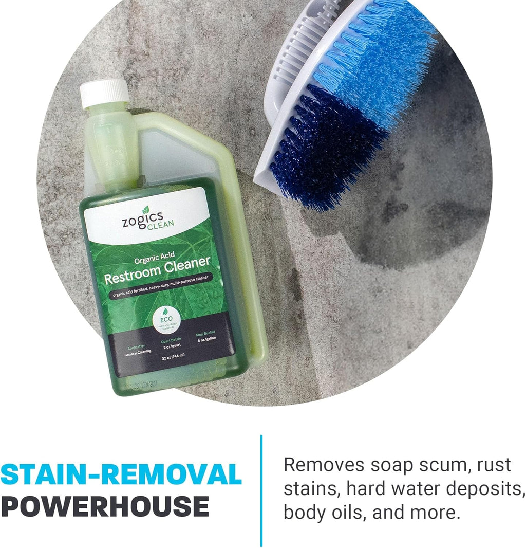 Zogics Organic Acid Restroom Cleaner, 32 oz Bottle Makes up to 16 Quarts - Meets ECOLOGO Standards
