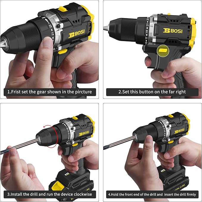 BOSI 20V Cordless Drill Driver Kit with Brushless Motor, 90Nm Max Torque, 2.0Ah Battery & Fast Charger, 20+1 Speed Control for Concrete/Metal/Wood, Electric Drill for Construction & DIY